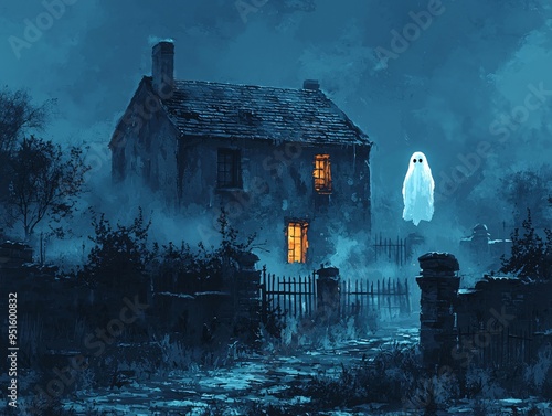 A spooky Halloween scene featuring a haunted house and a ghost, perfect for Halloween-themed designs, invitations, and decorations with copy space. photo