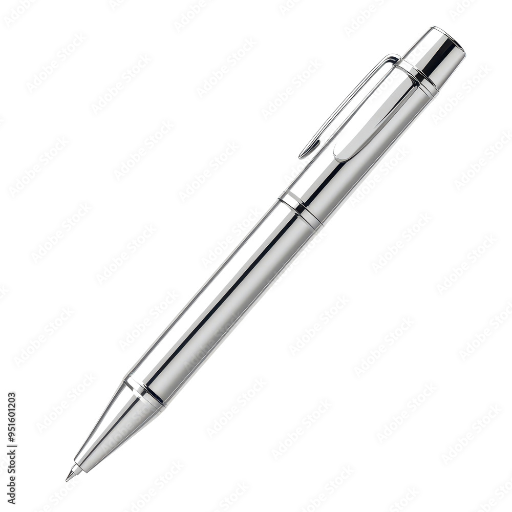 A sleek silver pen with a shiny finish, perfect for professional settings and everyday writing tasks. A sleek silver pen with a shiny finish, perfect for professional settings and everyday writing tasks.