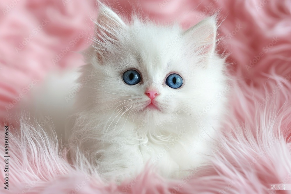White Kitten with Blue Eyes on a Pink Furry Blanket White Kitten with Blue Eyes on a Pink Furry Blanket