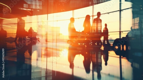 Silhouettes of People Walking Through Glass Doors in a Modern Building at Sunset