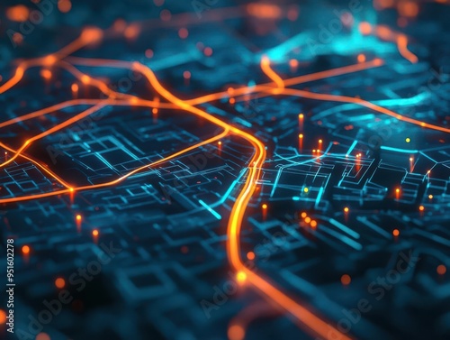 A digital city map with AIpowered traffic management, showing optimized routes with glowing paths