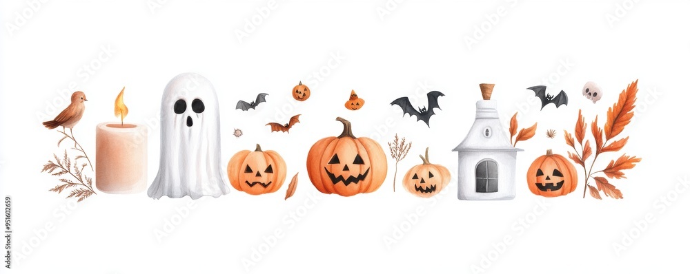 Fototapeta premium A Halloween banner featuring festive lettering and spooky elements, set against a white background in watercolor style.