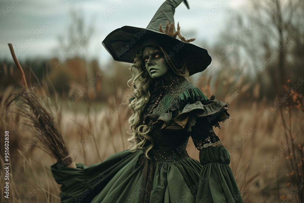 Fototapeta premium Evil Green Witch with a Horrible Nose and Hat, Flying on a Broom and Casting Dark Spells with Malice