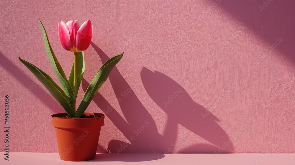 A red tulip in a brown pot on a plain background. A red tulip in a brown pot on a plain background.