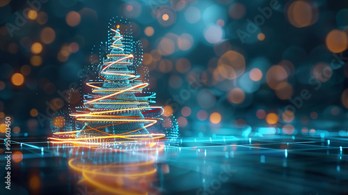 Digital Christmas Tree with Glowing Neon Lights.