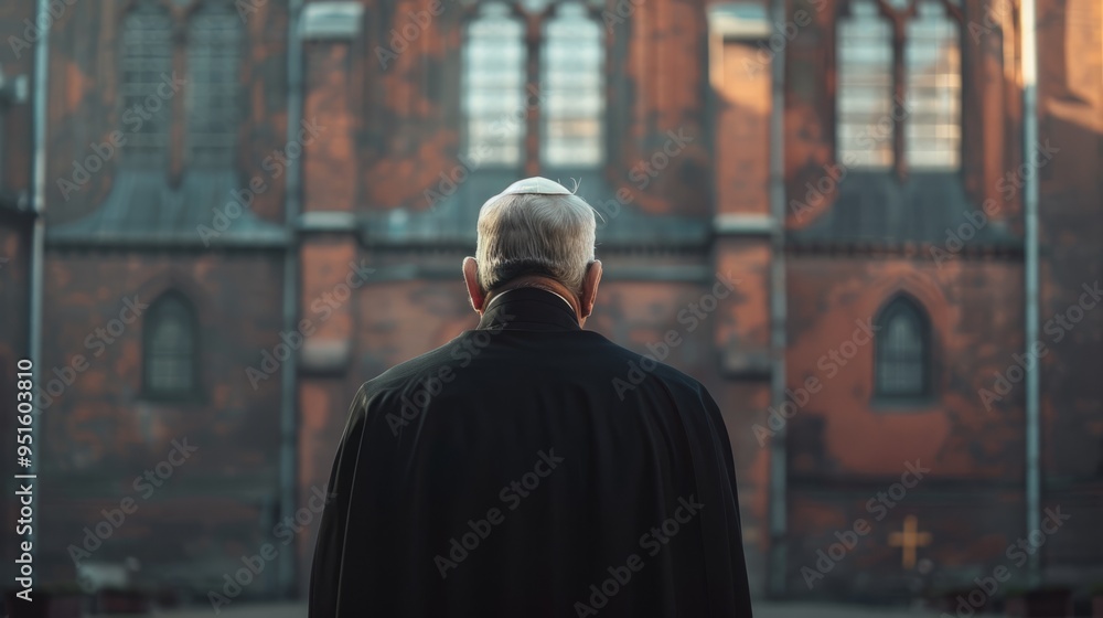Naklejka premium A man in a black coat stands in front of a large brick building
