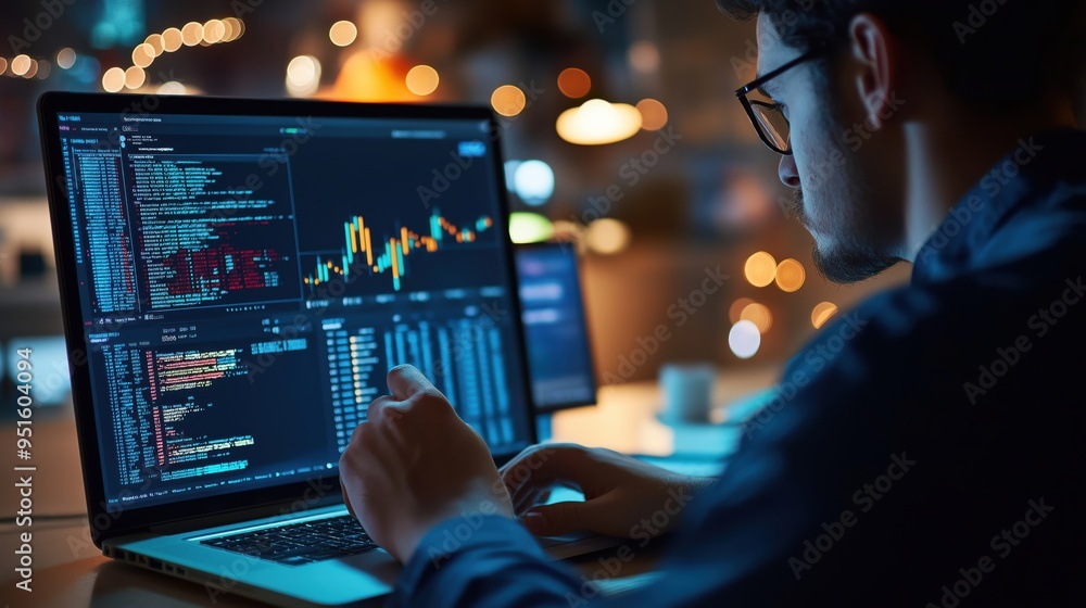 A man is working on a computer with a screen displaying a lot of code. He is focused on his work and he is in a serious mood A man is working on a computer with a screen displaying a lot of code. He is focused on his work and he is in a serious mood