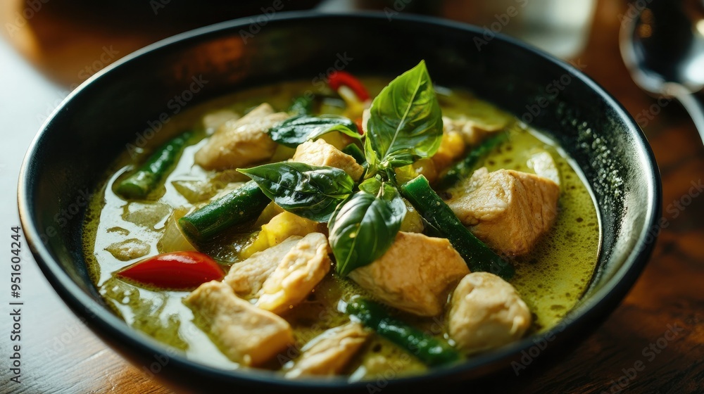 A bowl of green curry with chicken and vegetables. A bowl of green curry with chicken and vegetables.
