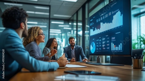 Data-Driven Decisions: A team of diverse professionals engages in a dynamic meeting, analyzing data projected on a large screen. The scene exudes focus, collaboration, and a clear vision for success. 