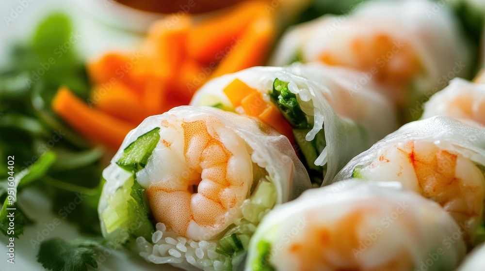 A close-up shot of a golden-brown spring roll filled with vegetables and shrimp. A close-up shot of a golden-brown spring roll filled with vegetables and shrimp.