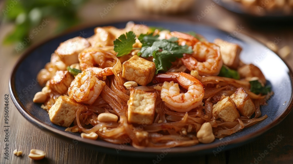 A plate of pad thai with shrimp, tofu, and peanuts. A plate of pad thai with shrimp, tofu, and peanuts.