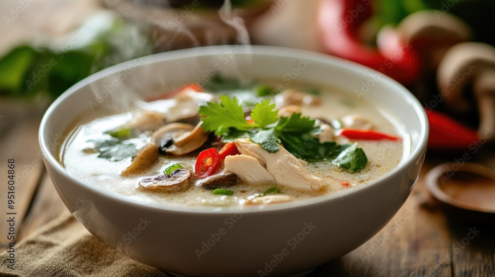 A steaming bowl of tom kha gai (Thai coconut soup) with chicken and mushrooms. A steaming bowl of tom kha gai (Thai coconut soup) with chicken and mushrooms.
