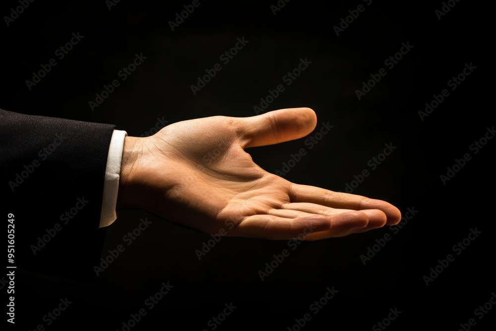 hand outstretched in gesture of giving or receiving, black background, business theme, offer, opportunities  with generative ai