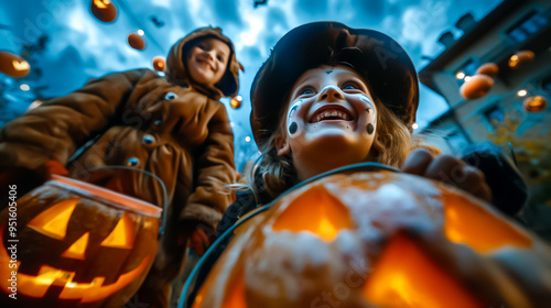 Two children dressed in costumes enjoy Halloween festivities, smiling brightly. They hold carved jack-o'-lanterns as playful decorations float in the twilight sky