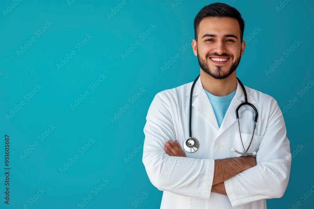 Happy Egyptian Physician Man Smiling Looking Aside Posing With Stethoscope Near Copy Space Standing In Studio Over Blue Background. Doctor's Portrait. with generative ai Happy Egyptian Physician Man Smiling Looking Aside Posing With Stethoscope Near Copy Space Standing In Studio Over Blue Background. Doctor's Portrait. with generative ai