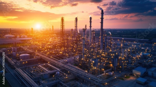Oil and gas refinery industry plant with glitter lighting and sunrise in the morning, Factory of petroleum industrial, Power plant,Energy power station area. Industry 4.0