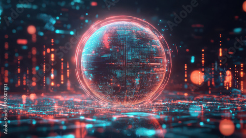 A glowing AIpowered predictive model visualized as a holographic globe with data points, symbolizing global forecasting and analysis
