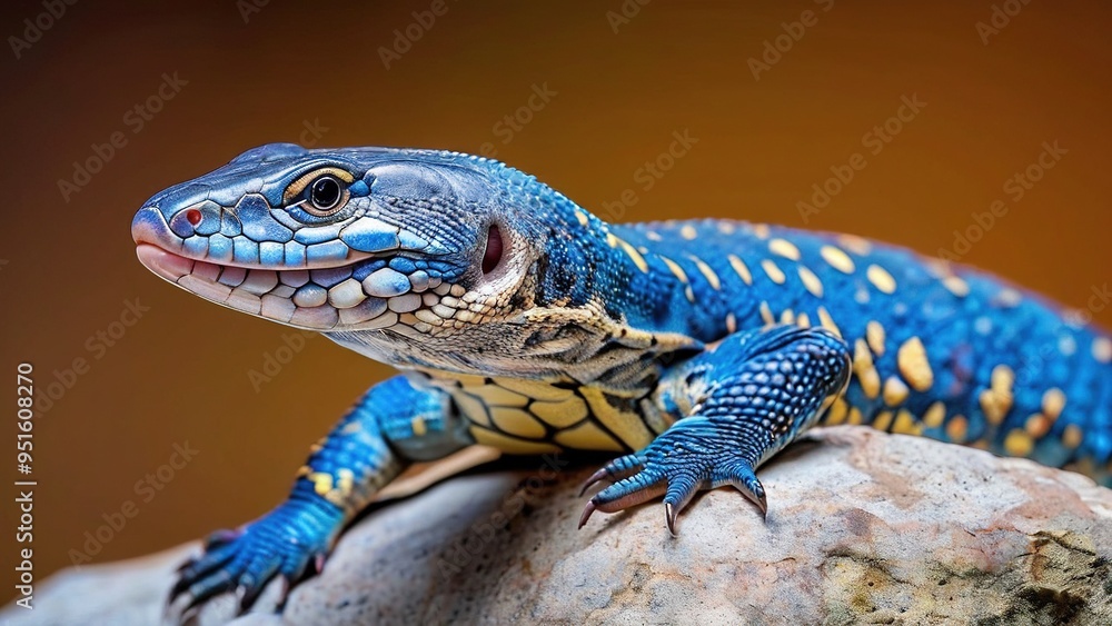 Fototapeta premium A blue and yellow lizard with spots, perched on a rock, looking to the side with its mouth slightly open.