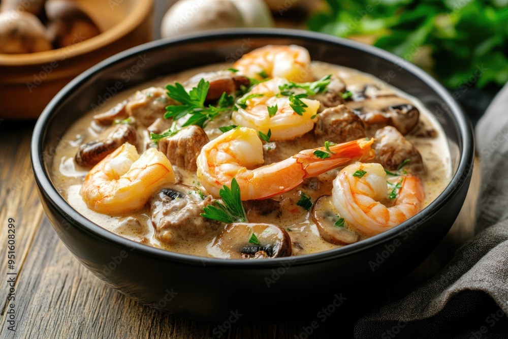 a bowl with beef stroganoff with prawn and mushroom a bowl with beef stroganoff with prawn and mushroom