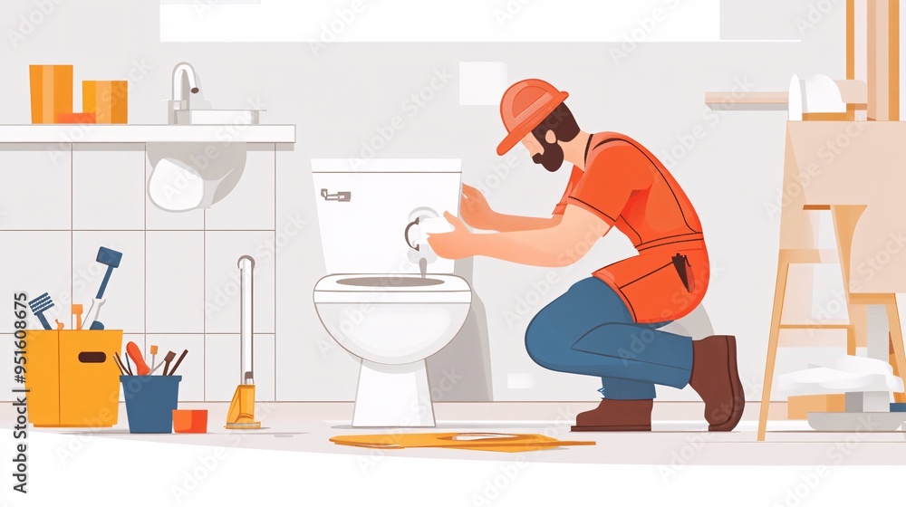 Plumber installing a new toilet and connecting it to the sewage pipe Plumber installing a new toilet and connecting it to the sewage pipe