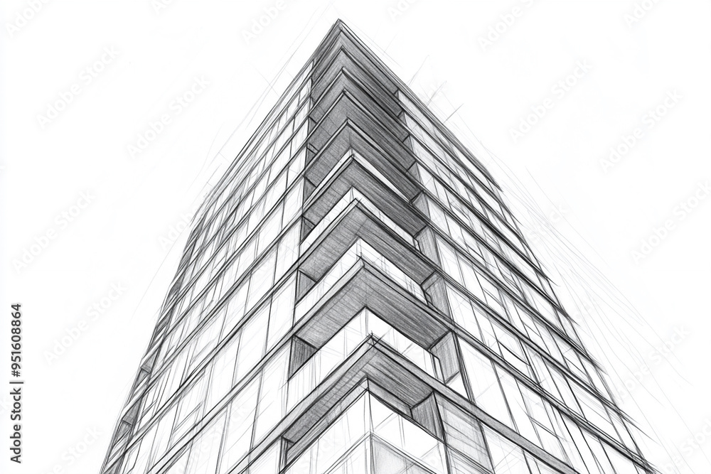 A pencil sketch of a modern high-rise, modern style building, isolated on white. A pencil sketch of a modern high-rise, modern style building, isolated on white.