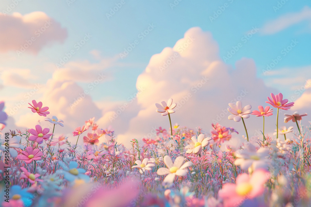 3D render of a cartoon flower field with colorful daisies and clouds in the sky, pastel colors, low angle, soft lighting 3D render of a cartoon flower field with colorful daisies and clouds in the sky, pastel colors, low angle, soft lighting