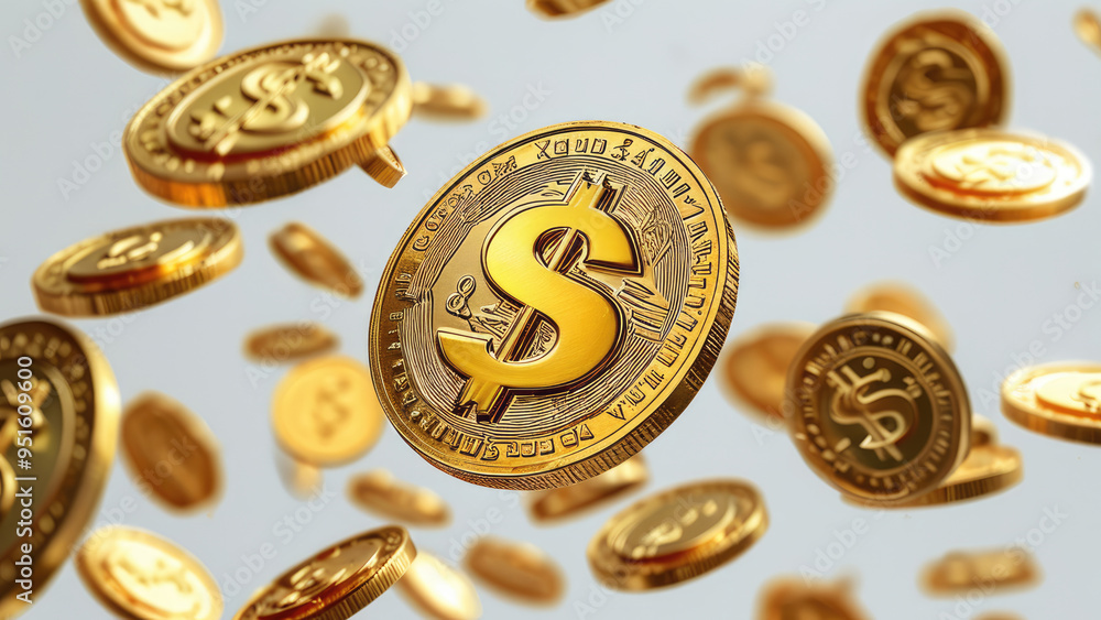 Luxurious and Shiny: Illustration of Gold Coin with Dollar (S) Symbol Floating in the Air Luxurious and Shiny: Illustration of Gold Coin with Dollar (S) Symbol Floating in the Air