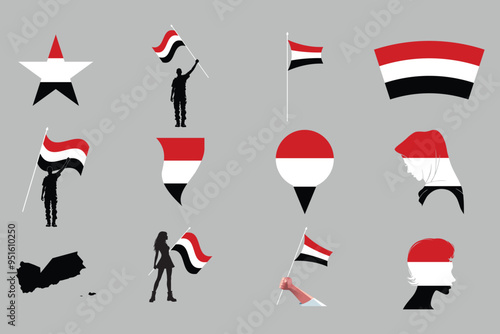 Flag of Yemen Set, original and simple Yemen flag Bundle, vector illustration of Yemen flag Collection
