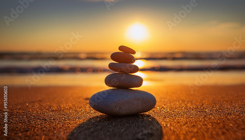 Balanced zen stone in the foreground with a serene beach background and bokeh effect. 