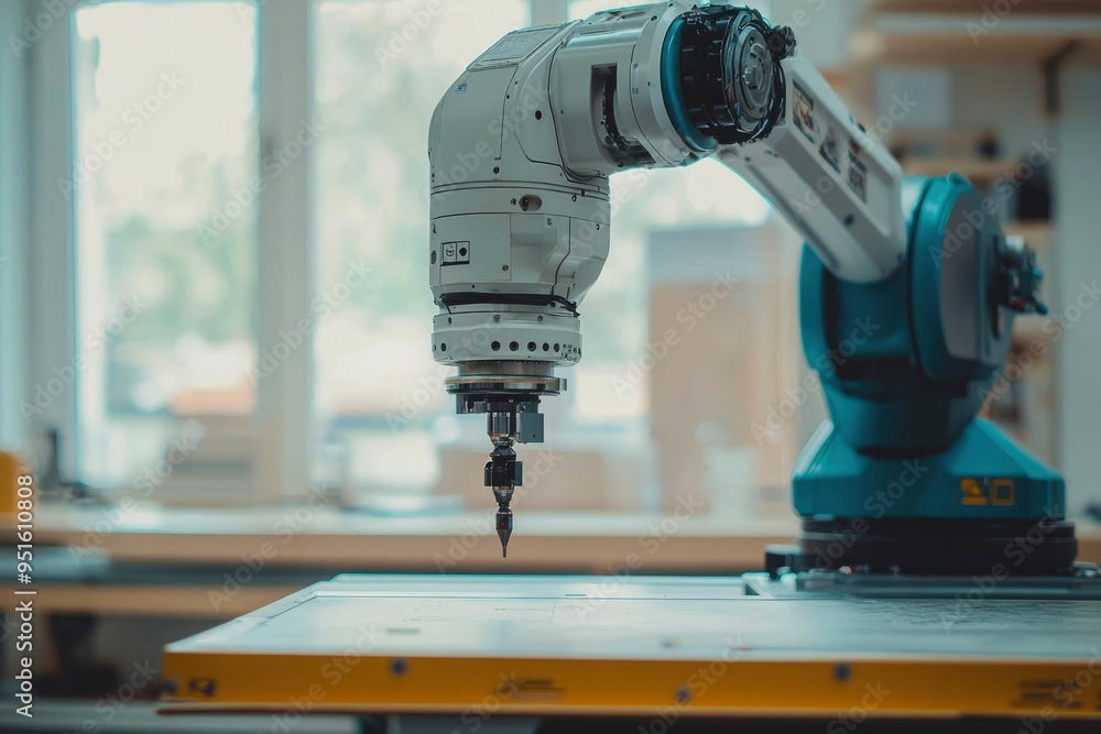 Fototapeta premium Industrial Robotic Arm with Precision Tool Over a Work Surface