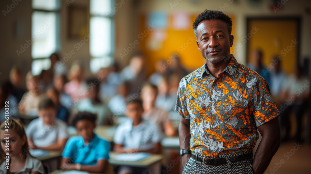Fototapeta premium A dedicated teacher stands confidently in front of his engaged classroom of young students during a vibrant school day