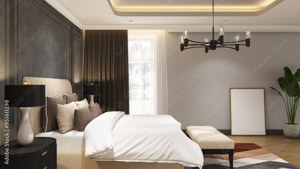 3d render of interior design modern classic bedroom with window and frame mockup. Wood parquet floor, gray wallpaper panel and white ceiling. Set 22 3d render of interior design modern classic bedroom with window and frame mockup. Wood parquet floor, gray wallpaper panel and white ceiling. Set 22
