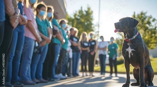 Organized Pet Vaccination Clinic: Veterinarians and Owners in Orderly Line under Clear Skies