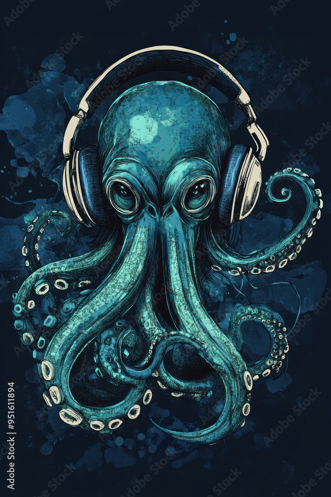 Music-Loving Kraken with Headphones - A creative illustration of a Kraken wearing headphones, merging the mystical sea creature with modern music culture in a dark, vibrant style. Music-Loving Kraken with Headphones - A creative illustration of a Kraken wearing headphones, merging the mystical sea creature with modern music culture in a dark, vibrant style.
