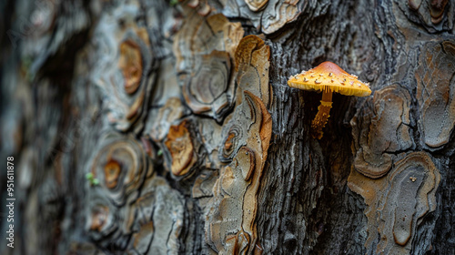 Close-up of a tiny mushroom growing on a tree bark, showing the contrast between the soft mushroom and rough bark. photo