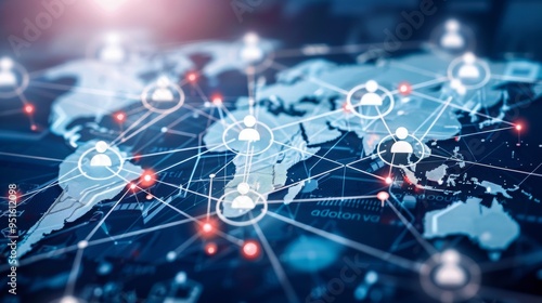 Global business structure of networking. Analysis and data exchange customer connection, HR recruitment and global outsourcing, Customer service, Teamwork, Strategy, Technology and social network