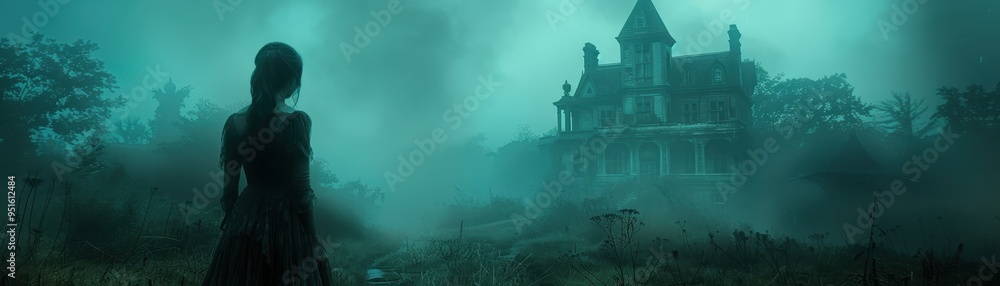 A mysterious silhouette stands before a haunting, fog-covered mansion. Eerie atmosphere evokes feelings of suspense and intrigue. A mysterious silhouette stands before a haunting, fog-covered mansion. Eerie atmosphere evokes feelings of suspense and intrigue.