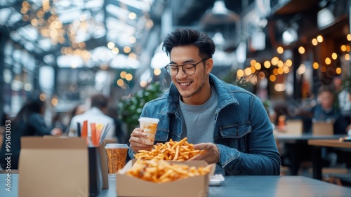 An Asian man munching on perfectly fried french fries at a stylish food court.