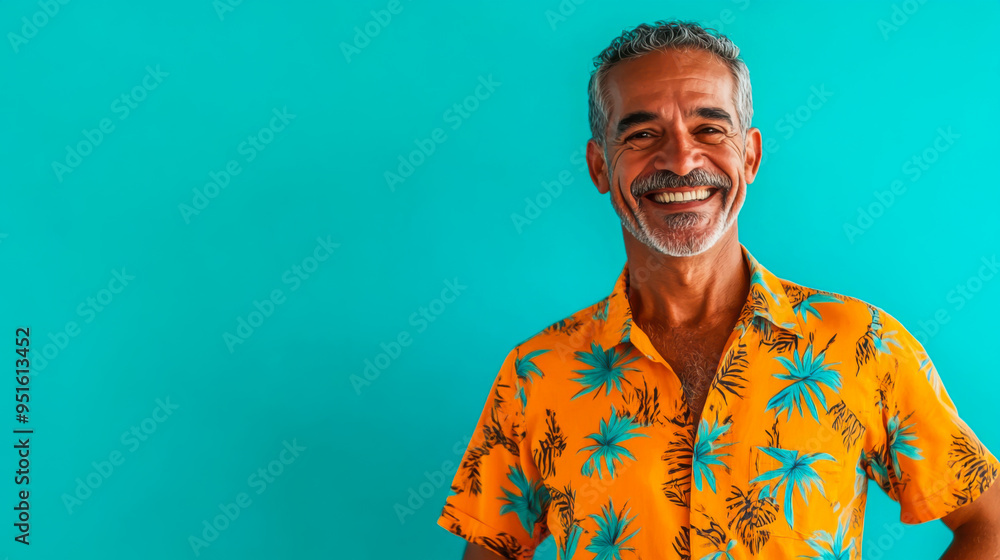 A smiling man with a colorful shirt and hat poses against a vibrant blue and orange backdrop in an engaging portrait A smiling man with a colorful shirt and hat poses against a vibrant blue and orange backdrop in an engaging portrait