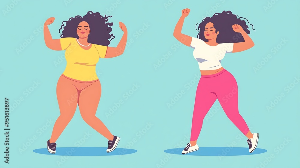 Transformation Journey: Woman Before and After Weight Loss at Dance Class - Vector Illustration Set Transformation Journey: Woman Before and After Weight Loss at Dance Class - Vector Illustration Set