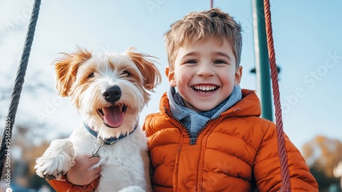 A kid and his playful dog having a fun time at the playground, engaging in joyful activities. photo