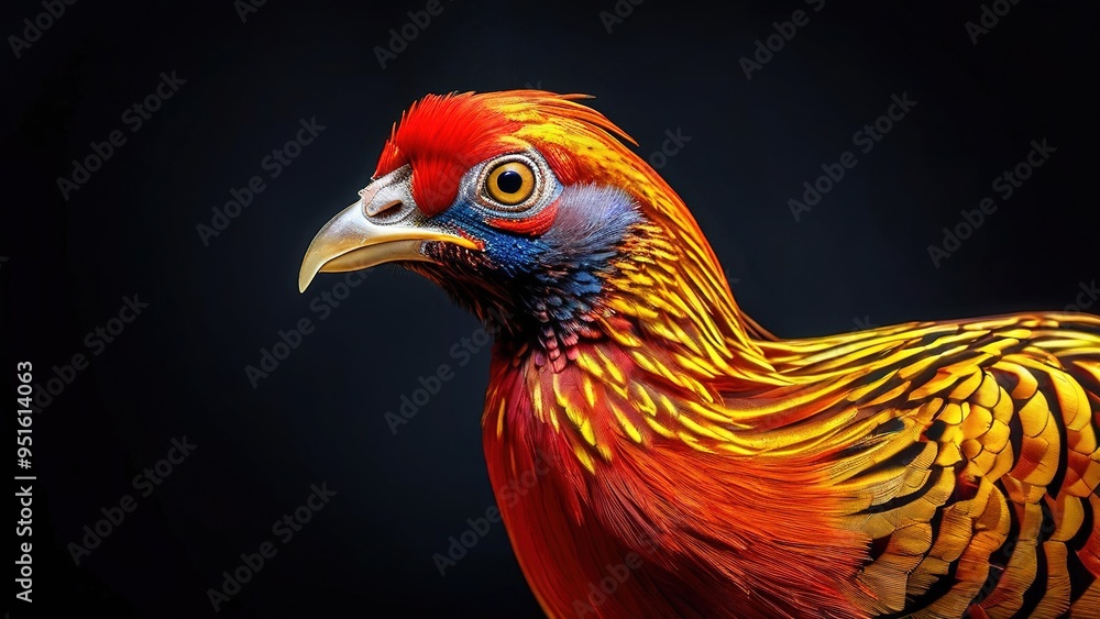 A close-up portrait of a golden pheasant with vibrant red, yellow, and blue feathers against a black background. A close-up portrait of a golden pheasant with vibrant red, yellow, and blue feathers against a black background.