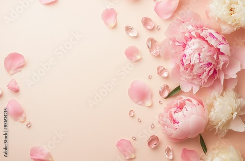 Pink Peony Flowers and Petals on a Peach Background