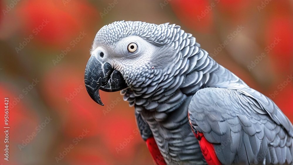 Obraz premium A close-up portrait of a grey parrot with a red background. The parrot is looking to the left of the frame.
