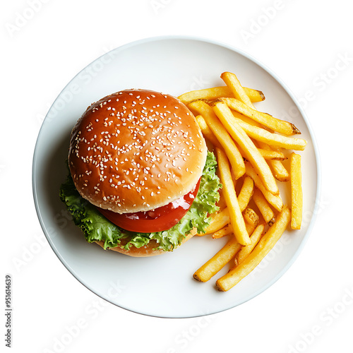 Burger and French fries isolated on transparent background,Combom Burger and friees, tasty burger with French fries, Burger on white plate, Set of burger,png, Ai generated