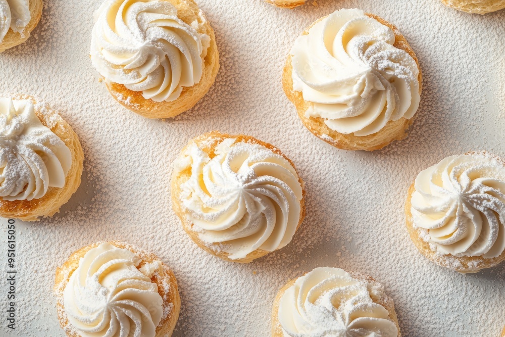 cream puffs with swirls of white frosting cream puffs with swirls of white frosting