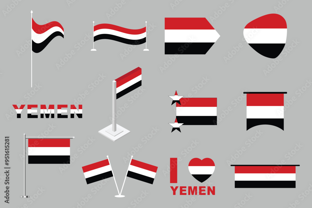 Flag of Yemen Set, original and simple Yemen flag Bundle, vector illustration of Yemen flag Collection
Flag of Yemen Set, original and simple Yemen flag Bundle, vector illustration of Yemen flag Collection