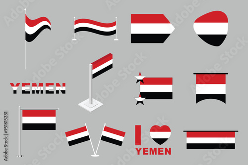 Flag of Yemen Set, original and simple Yemen flag Bundle, vector illustration of Yemen flag Collection
