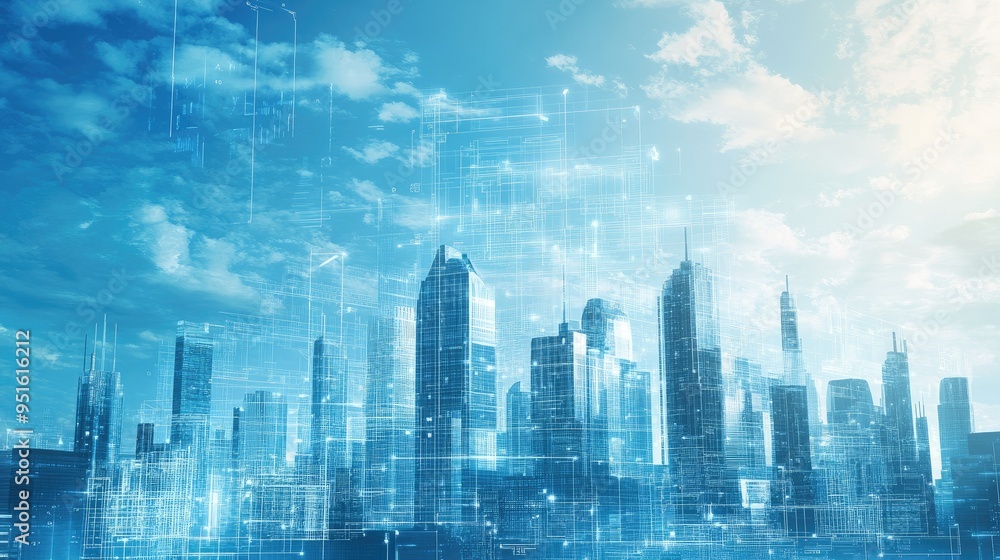 Futuristic cityscape with digital blueprints overlay Futuristic cityscape with digital blueprints overlay