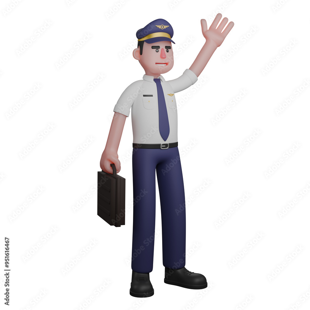 Male Pilot Character. A pilot is standing with his right hand carrying a black bag while his left hand is waving. 3D Aviation Style Male Pilot Character. A pilot is standing with his right hand carrying a black bag while his left hand is waving. 3D Aviation Style